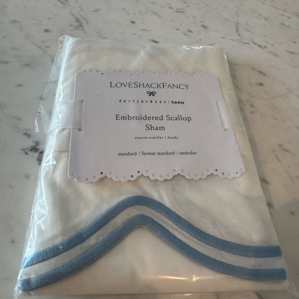 Set of 2 Standard Pottery Barn Teen x LoveShackFancy White Sham Blue Embroidery - Picture 3 of 6